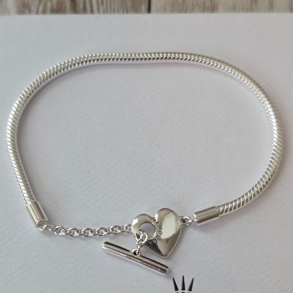 Pandora Silver Snake Chain Heart T-Bar Bracelet Size 8.25